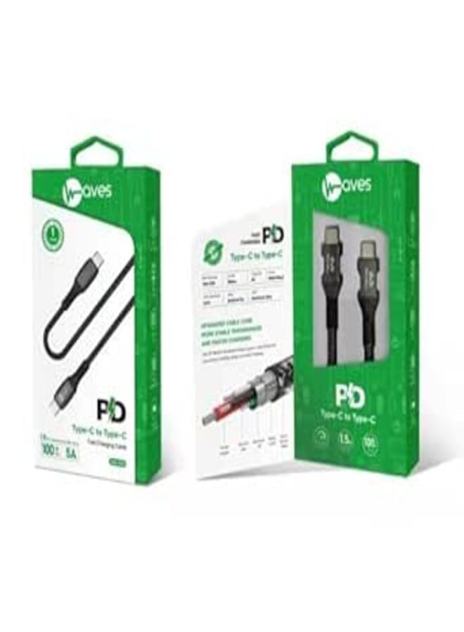 Waves Type C To Type C Round Cable PD, 5A, 100W, 1.5M Black